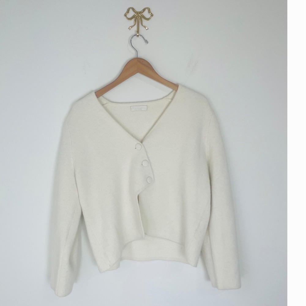 Vita Grace Wool Blend Asymmetric Button Cardigan Cream Puff Shoulder V-Neck - Picture 3 of 7